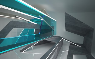 Obraz premium Abstract concrete, wood and blue glass interior multilevel public space with neon lighting. 3D illustration and rendering.