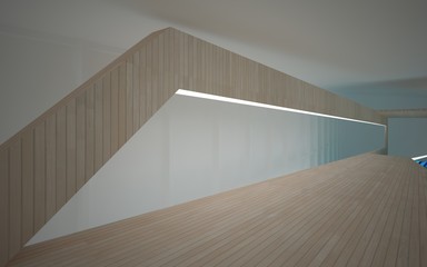 Obraz premium Abstract concrete, wood and blue glass interior multilevel public space with neon lighting. 3D illustration and rendering.