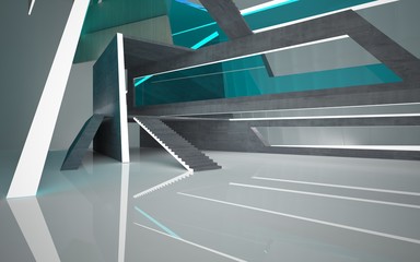 Obraz premium Abstract concrete, wood and blue glass interior multilevel public space with neon lighting. 3D illustration and rendering.