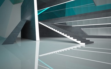 Obraz premium Abstract concrete, wood and blue glass interior multilevel public space with neon lighting. 3D illustration and rendering.