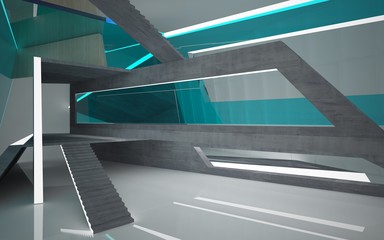 Abstract  concrete, wood and blue glass interior multilevel public space with neon lighting. 3D illustration and rendering.