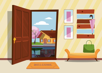 The interior hallway with the door open, a coat rack with umbrellas and sleeping dog and a cat on the suitcases. Outside very night and yellow trees. Flat cartoon style vector illustration.