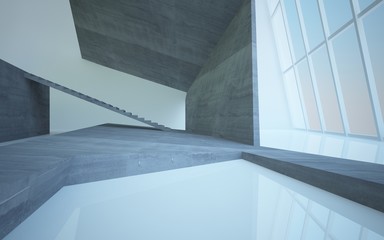 Abstract  concrete, wood and green glass interior multilevel public space with window. 3D illustration and rendering.