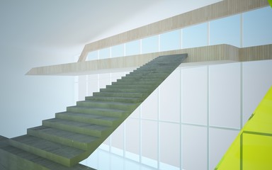 Fototapeta premium Abstract concrete, wood and green glass interior multilevel public space with window. 3D illustration and rendering.