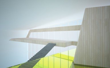 Abstract  concrete, wood and green glass interior multilevel public space with window. 3D illustration and rendering.