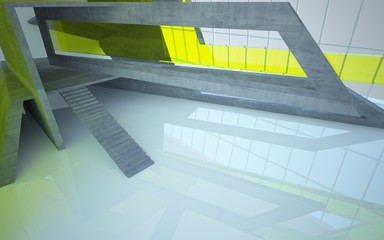 Obraz premium Abstract concrete, wood and green glass interior multilevel public space with window. 3D illustration and rendering.