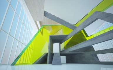 Obraz premium Abstract concrete, wood and green glass interior multilevel public space with window. 3D illustration and rendering.