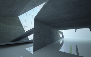 Obraz premium Abstract concrete, wood and green glass interior multilevel public space with window. 3D illustration and rendering.