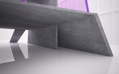 Abstract  concrete, wood and pink glass interior multilevel public space with window. 3D illustration and rendering.