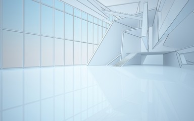 Abstract drawing white interior multilevel public space with window. Polygon black drawing. 3D illustration and rendering.