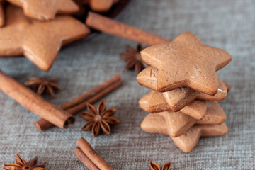 Baked gingerbreads are on the table. Close-up