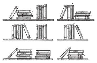 sketch bookshelf. collection standing lying books vector