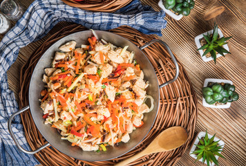 Fried chicken pieces with vegetables.