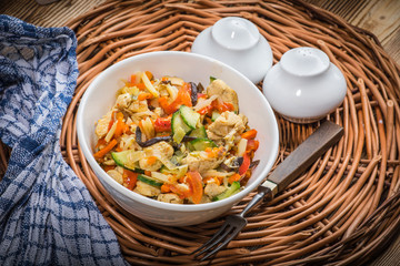 Fried chicken pieces with vegetables.