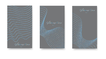 Set of blue, gray covers, templates, printing elements, cards. Shiny festive silver backgrounds. Round glittering confetti, festive tinsel, magic design for polygraphy. Glowing Vector Texture.