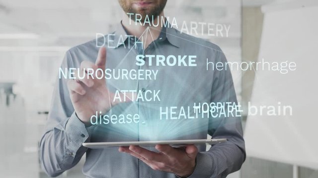 stroke, brain, hemorrhage, disease, hospital word cloud made as hologram used on tablet by bearded man, also used animated artery trauma neurosurgery attack word as background in uhd 4k 3840 2160