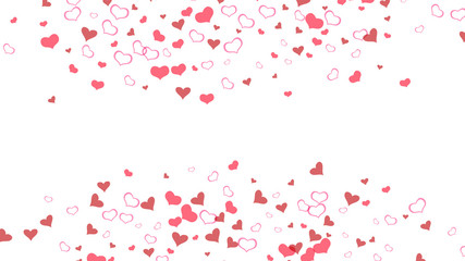 Fototapeta na wymiar A sample of wallpaper design, textiles, packaging, printing, holiday invitation for wedding. Red on White background Vector. Red hearts of confetti are falling. Light background.