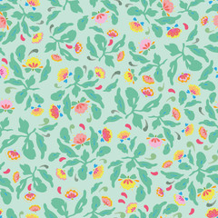 Peppermint green folk art floral pattern with pink and yellow blossoms. Surface pattern design.