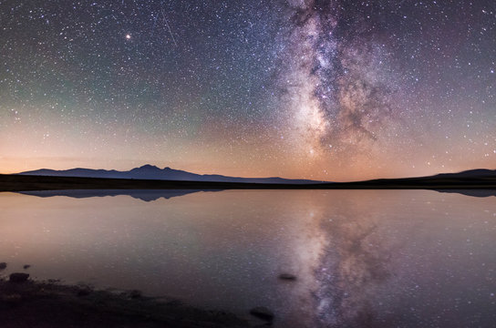 Small Lake And Milky Way Galaxy. Beautiful Starry Night. Armenia