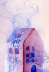 house pink plastic water color acrylic paint white inside small tiny petite ceramic blue smoke...