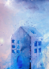 house sunset water color acrylic paint white inside small tiny petite ceramic blue smoke could...