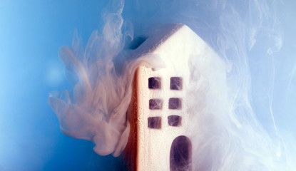house sunset water color acrylic paint white inside small tiny petite ceramic blue smoke could...