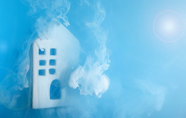 house blue water color acrylic paint white inside small tiny petite ceramic blue smoke could frost...