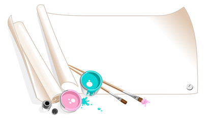 vector paper and cans of paint with brushes and bots