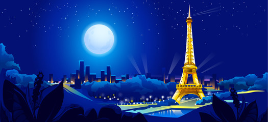 vector illustration of night view of Paris - obrazy, fototapety, plakaty