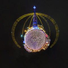 New year little planet. Spherical aerial 360 degree panorama night view on a festive square with a...