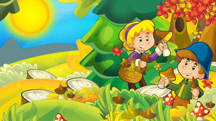 Obraz na płótnie Canvas cartoon autumn nature background with girl and boy gathering mushrooms - illustration for children