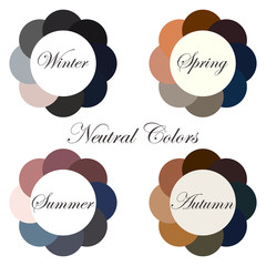Seasonal color analysis. Set of palettes with neutral colors for different types of female appearance. Winter, Spring, Summer, Autumn