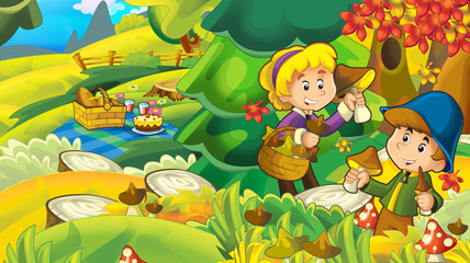 cartoon autumn nature background with girl and boy gathering mushrooms - illustration for children