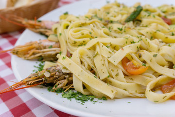 Pasta with Shrimp Dinner Dish on a the table