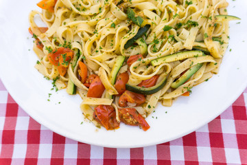 Pasta with Shrimp Dinner Dish on a the table