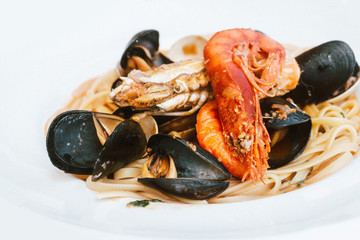 Pasta with seafood Dinner Dish on a the table
