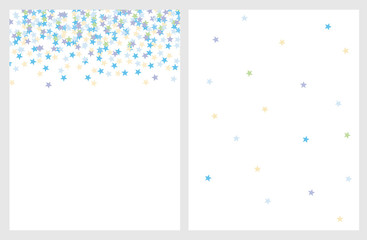 Set of 2 Star Vector Layouts. Light Blue, Green and Beige Confetti of Star Shape. Delicate Pastel Color Simple Design. White Background. Cute Bright Party Illustration.