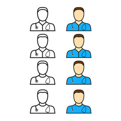 Set avatar, doctor whith phonendoscope thin line flat color icon. Linear vector illustration. Pictogram isolated on white background.