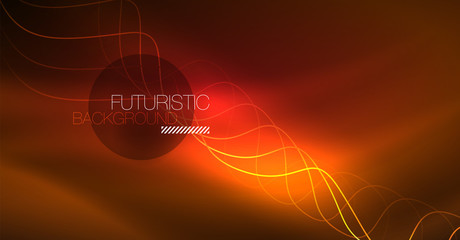 Abstract shiny glowinng color wave design element on dark background - science or technology concept