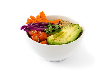 Vegan Buddha bowl with fresh raw vegetables and quinoa isolated on white background