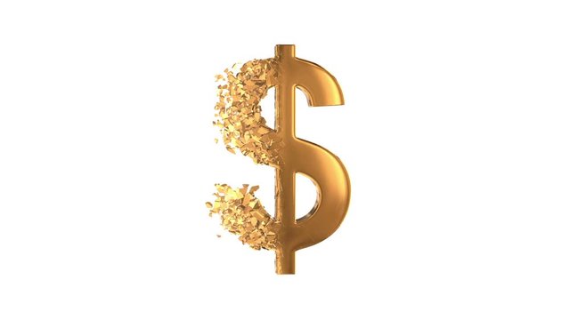 Fractured Gold Dollar value 3d model with disappearing effect. Financial crisis concept. Available in FullHD and HD video.