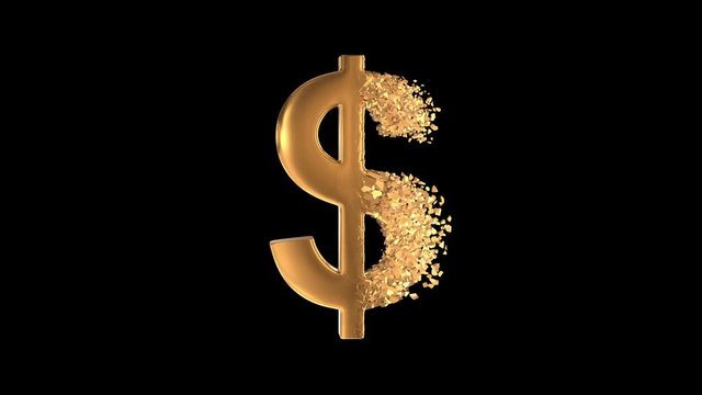 Fractured Gold Dollar value 3d model with disappearing effect. Financial crisis concept. Available in FullHD and HD video.
