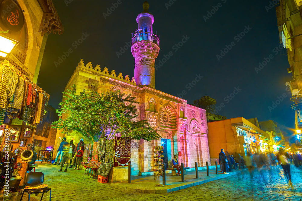 Sticker The beautiful illuminated medieval mosque in Cairo, Egypt