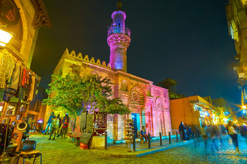 The beautiful illuminated medieval mosque in Cairo, Egypt