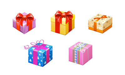 vector illustration of set colorful present boxes in paper wrapper with bow 