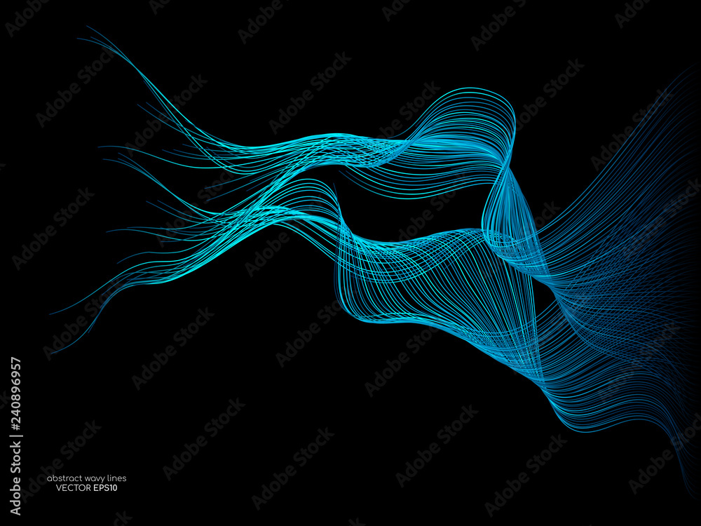 Poster abstract vector wave lines green and blue colors isolated on black background for design elements in