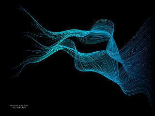 Abstract vector wave lines green and blue colors isolated on black background for design elements in concept technology, modern, science. A.I.