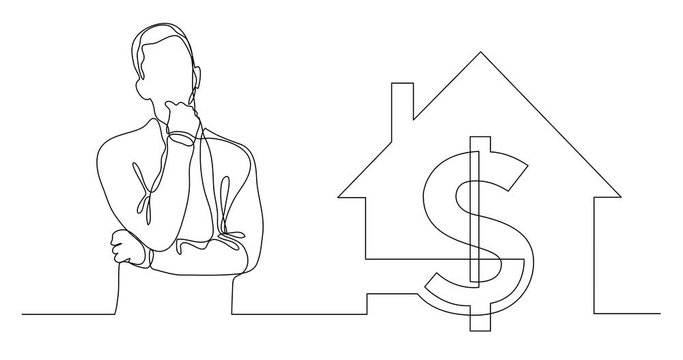 Self drawing line animation of man thinking about home value