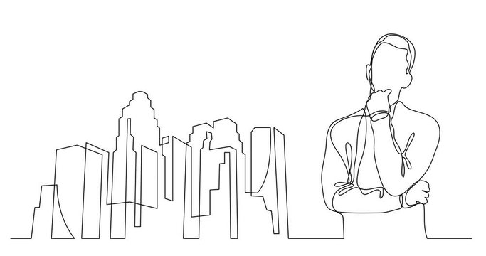 Self drawing line animation of man thinking about relocating to big city