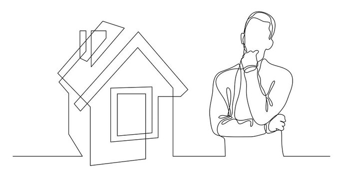 Self drawing line animation of man thinking about buying house